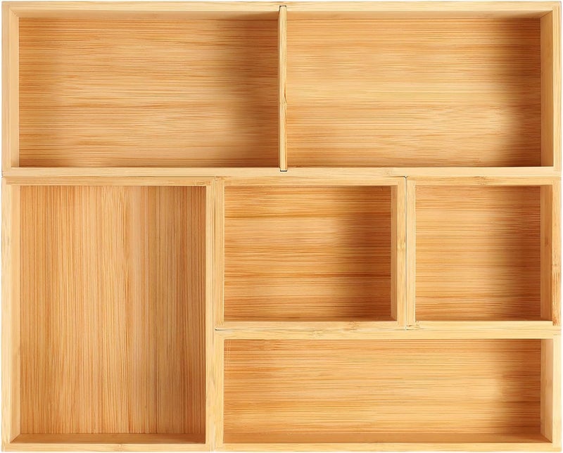 Fabsome Bathroom Drawer Organizer, Bamboo Box Bin for Junk Vanity Desk Makeup Drawer, Small Wooden Container Tea Storage Organization Tray for Kitchen Office, Set of 5 - Image 1